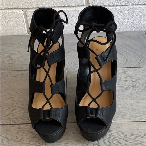 Black Faux Leather Open Toe Lace Up Platform Wedge - Picture 3 of 7